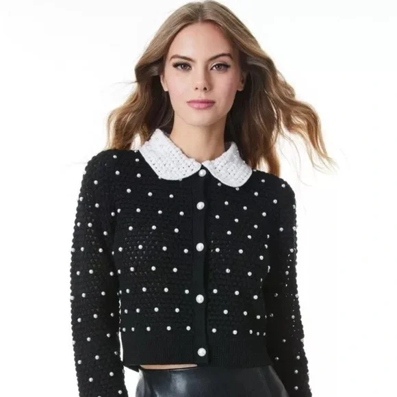 Alice Olivia Collins crochet pearl black sweater cardigan large L - Picture 2 of 8